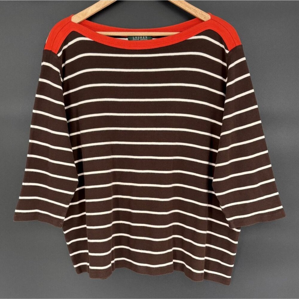 Lauren Ralph Lauren Womens Breton Striped Shirt 3X Brown White Orange Preppy